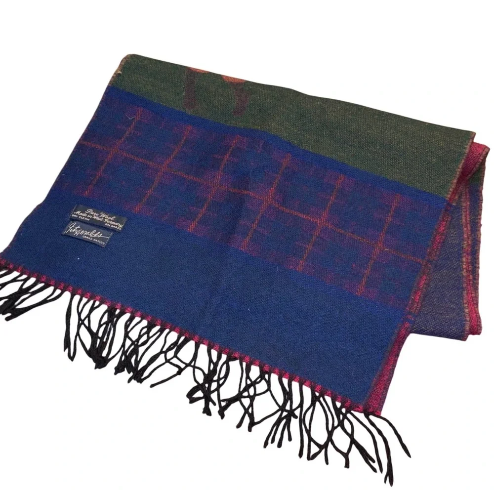 Vintage | West Germany |‎ Pure Wool Scarf | Fitzgeralds | Golfer Plaid | Fringe